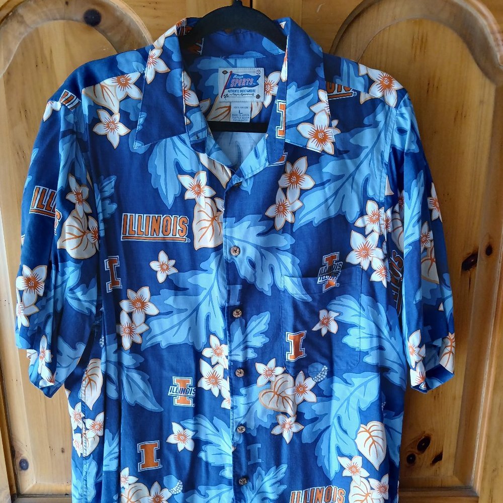 Illinois Fighting Illini Reyn Spooner Mens Large Blue Hawaiian Rayon Shirt EUC
